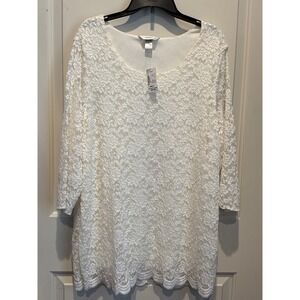 CJ Banks Womens 2X Ivory Floral Lace Top 3/4 Sleeve Scalloped Hem NWT Lined